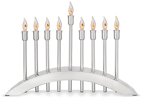 Hanukkah Electric Menorah Brushed Stainless Steel with Flickering Flame Bulbs Menorah Candles 9 Branch Hanukkiah for Chuanukah by Aviv Judaica