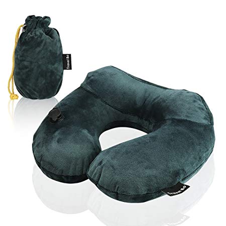Travel Bo Travel Pillow, Best U Shape Inflatable neck pillow with Built-in Pump,Extra-Soft Washable Cover,Compact Travel Packsack Provides Relief and Support for Any Sitting Position (Dark Green)