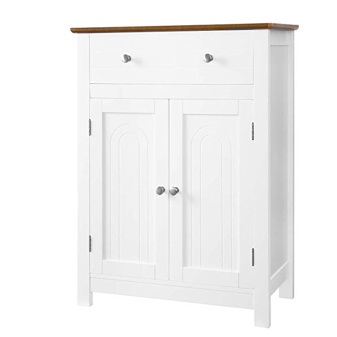 VASAGLE Free Standing Bathroom Storage Cabinet with Drawer and Adjustable Shelf, Kitchen Cupboard, Wooden Entryway Floor Cabinet, 23.6" L x 11.8" W x 31.5" H, White & Brown, UBBC62WT