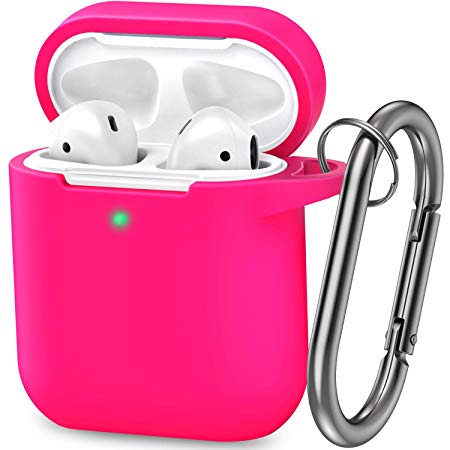 AirPods Case, Silicone Cover with U Shape Carabiner,360°Protective,Dust-Proof,Super Skin Silicone Compatible with Apple AirPods 1st/2nd (Rose Red)