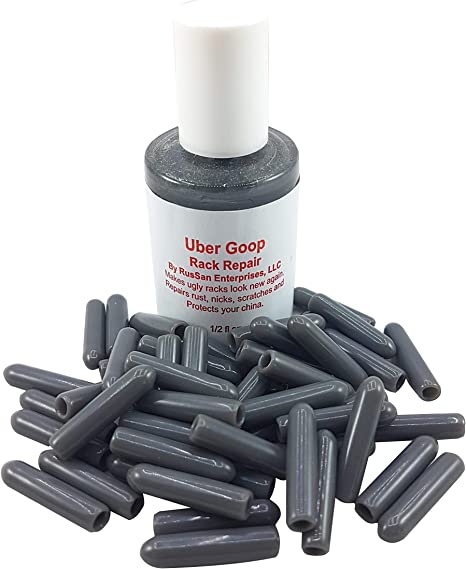 Uber Goop Dishwasher Rack Repair Paint/Glue & Universal Dishwasher Prong Rack Tip Tine Cover Caps - Multiple Cap Counts - White, Light Gray, Dark Gray (Dark Gray, 1/2 oz Bottle   50 Caps)