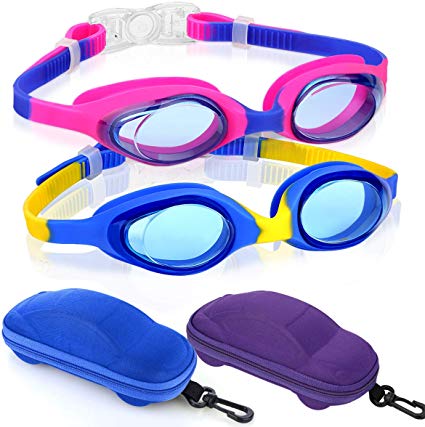 Kids Swimming Goggles Swim Goggles for Boys Girls Kid (Age 3-12) Child Colorful Swim Goggles Clear Vision Anti Fog UV Protection No Leak Soft Silicone Nose Bridge Protection Case Kids' Skoogles