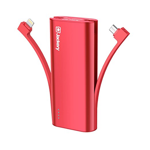 [Built-in Lightning Cable] Jackery Bolt Portable Charger Apple MFi certified Built-in Lightning Charging Cable & micro USB Cable Ultra-Compact Power Bank Travel Charger for iPhone 7 Plus (Red-6000mAh)