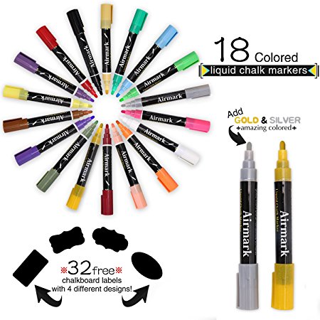 Airmark Erasable Liquid Chalk Markers Pen with 4 more 6mm Reversible Tips and 32 Free Reusable Chalkboard Labels, 18 Colored