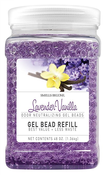 SMELLS BEGONE Odor Eliminator Gel Bead Refill - Eliminates Odor from Bathrooms, Boats, Cars, RVs and Pet Areas - Formulated with Natural Essential Oils (48 OZ) (Lavender Vanilla)