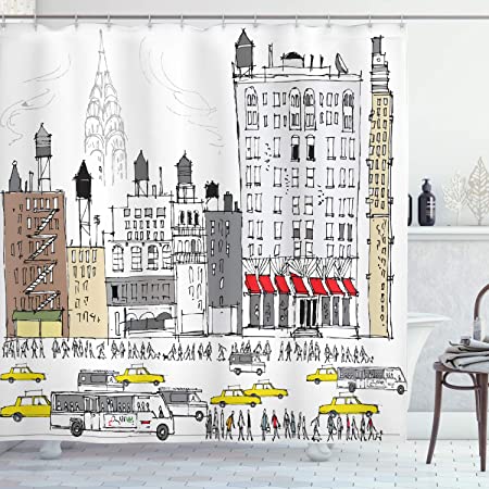 Ambesonne City Love Shower Curtain, Busy City Traffic Jam Yellow Taxi Cab Urban Life Cartoon Design Modern Style Art, Cloth Fabric Bathroom Decor Set with Hooks, 70" Long, Gray Red