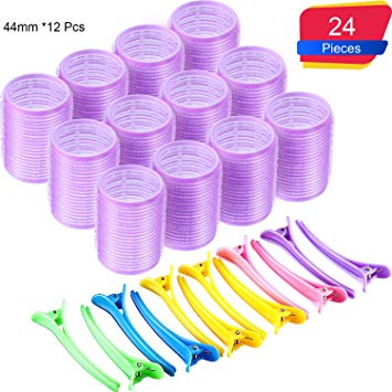 44 mm Self Grip Hair Rollers Set 12 Count large Self Holding Rollers and 12 Multicolor Plastic Duck Teeth Bows hair Clips Hairdressing Curlers for Women, Men and Kids (44 mm, 24 Pieces)