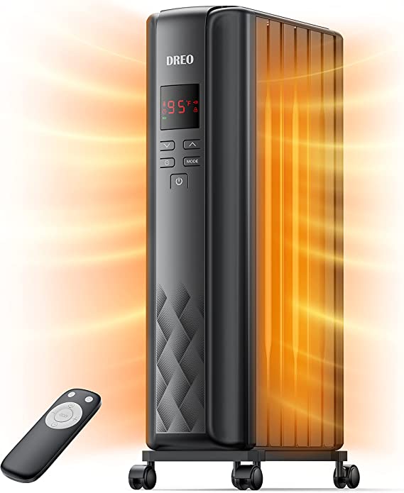 Dreo Radiator Heater, Electric 1500W Indoor Portable Oil Filled Radiator Space Heater with Remote Overheat Protection Tip-Over Protection, Digital Thermostat, ECO Mode, Quiet Heater Matte black,26" X 19" X 7.5",DR-HSH005MK