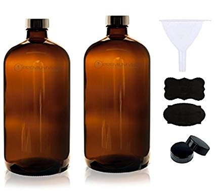 Empty Amber Glass Bottles with Caps, Labels and Funnel (2 Pack) - 16oz Refillable Container for Essential Oils, Cleaning Products, or Aromatherapy (2 pack w/Cap)