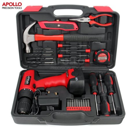 Apollo 26 Piece Household Tool Kit Including 12V Cordless Drill Driver with 800 mAh NiCad Rechargeable 16 Position Keyless Torque Clutch, Variable Speed Switch, Drill & Screwdriver Accessory Set & 25 Piece Most Reached for Hand Tools including Heavy Duty 13oz Hammer - all in Sturdy Storage Box