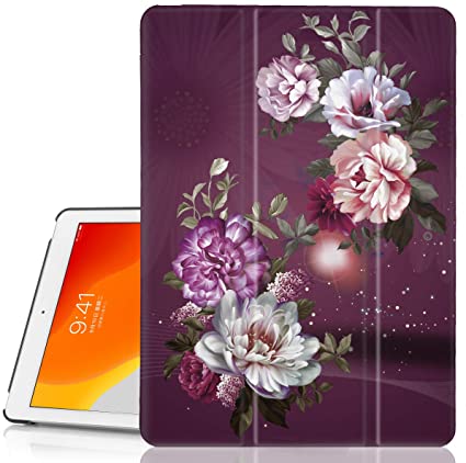 Hocase iPad 7th Generation Case, iPad 10.2 2019 Case, PU/Synthetic Leather Smart Flip Cover Case with Unique Flower Design, Auto Sleep/Wake Feature, Microfiber Lining Hard Back - Burgundy Flowers