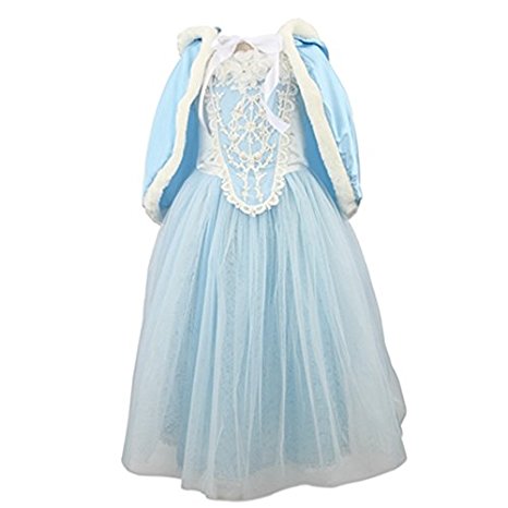 Princess Girls Blue Costume Cosplay Fancy Party Girls Wedding Dress with Fur Trim Cape (3-8years, blue/red)
