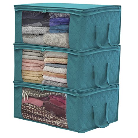 Sorbus Foldable Storage Bag Organizers, Large Clear Window & Carry Handles, Great for Clothes, Blankets, Closets, Bedrooms, and more (3 Pack, Aqua)