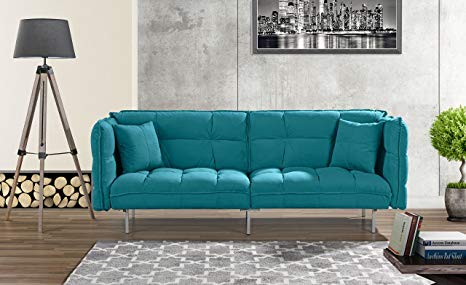 Modern Plush Tufted Velvet Fabric Splitback Living Room Sleeper Futon (Sky Blue)