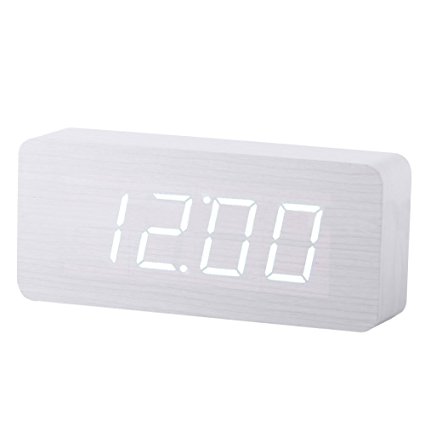 Wooden Digital Clock, KABB 8-Inches Natural White Wood Grain White LED Light Alarm Clock with Time Date Temperature Display and Snooze & Acoustic Control Functions for Office and Home Decoration