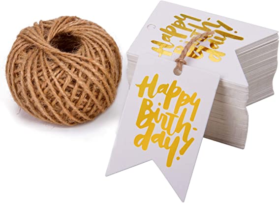 WRAPAHOLIC Gift Tags with String - 100PCS White Kraft Happy Birthday Paper Tags with 100 Feet Natural Jute Twine for Wedding, Baby Shower, Party Favors