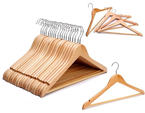 Pack of 20 High Quality Strong Natural Wood Wooden Coat Hangers with Round Trouser Bar and Shoulder Notches (Pack of 20)