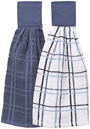 Trenton Gifts 100% Cotton Hanging Tie Towels | 2 Pack | Checked and Solid (Blue)