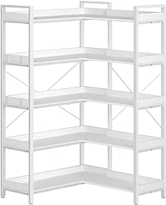 Rolanstar Bookshelf 5 Tier with 4 Hooks, Reversible Corner Bookshelf, 65" Industrial Wooden Bookcase with Open Shelves and Metal Frame for Living Room, Bedroom, Home Office, White