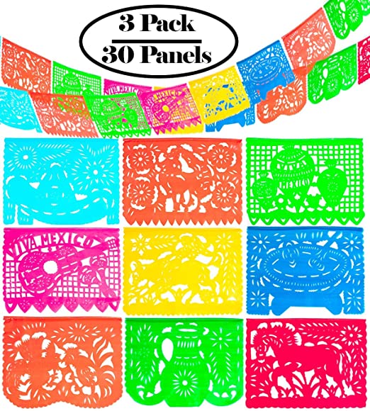 Large Plastic Papel Picado Banner - 15 Feet Long - Two Designs to choose from (3 Pack, Mexico Querido)