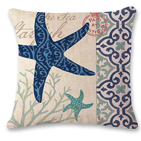 oFloral Starfish Pillow Cover Cotton Linen Throw Pillow Case Cushion Cover Sea Home Sofa Decorative 18"x 18"Inch Blue Red Yellow