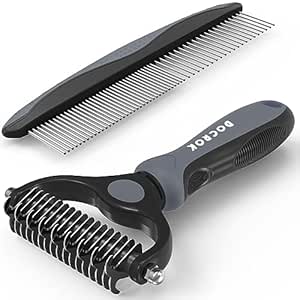 Pet Grooming Brush and Metal Comb Combo, Cat Brush Dog Brush for Shedding, Undercoat Rake for Dogs Grooming, Dematting Deshedding Brush Dogs Shedding Tool for Long matted Haired Pets, Gray