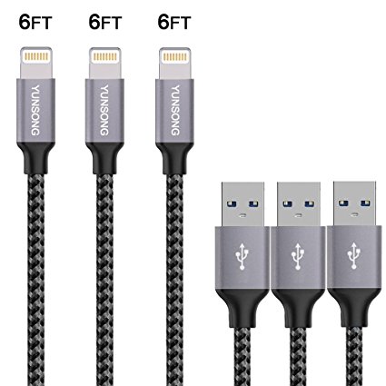 Lightning Cable, YUNSONG 3PACK (6FT) Nylon Braided Charging Cable Cord Lightning to USB Cable Charger Compatible with iPhone 7/ 7 Plus/6/6s/6 plus/6s plus/ 5s/5c,iPad, iPod and More (Gray)