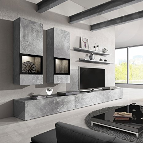 Baros Wall Unit / Modern Entertainment Center / Contemporary Design / LED Lights / High Capacity Storage (Grey Concrete)
