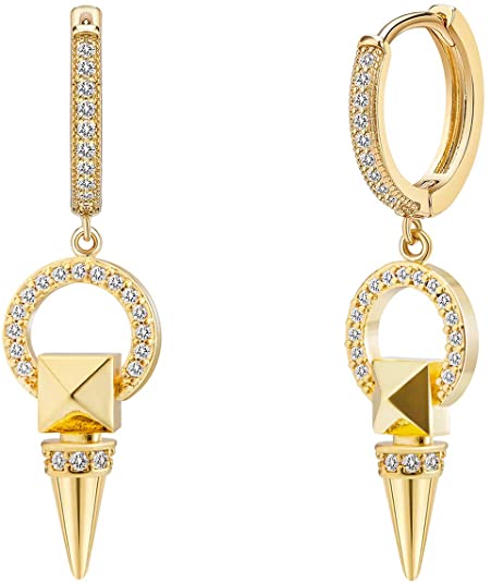 Spike Dangle Hoop Earrings for Women Girls 14K Gold Plated Cubic Zirconia Crown Huggie Earrings for Her