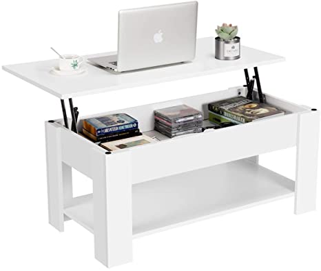 Yaheetech Lift Top Coffee Table with Hidden Compartment and Storage Shelf - Lift Tabletop for Living Room Reception, White