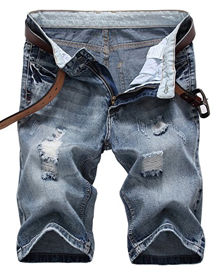 IWOLLENCE Men's Fashion Ripped Distressed Straight Fit Denim Shorts With Hole