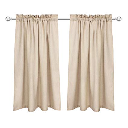 VOILYBIRD Barras Privacy Short Curtains for Kitchen Window 45 Inch Length Linen Textured Panels for Bathroom Rod Pockets (Tan, W42 x L45, 1 Pair)