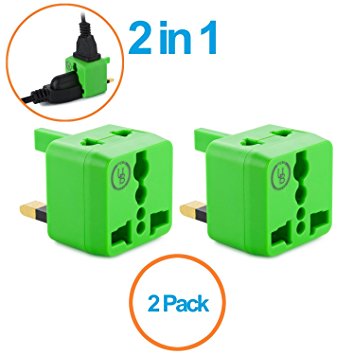 Yubi Power 2 in 1 Universal Travel Adapter with 2 Universal Outlets - Built in Surge Protector - Green 2 Pack - Type G for United Kingdom, England, Hong Kong, Ireland, Scotland, Saudi Arabia, and more