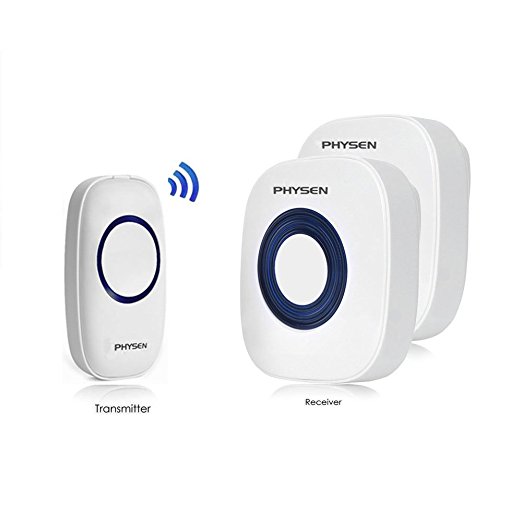 Physen Model CW Wireless Doorbell kit of 1 Transmitter and 2 Plug-in Receivers Operating at 1000 feet Range,BuIld-in 4 Adjustable Volume Levels and 52 Chimes,No Batteries Required for Receiver