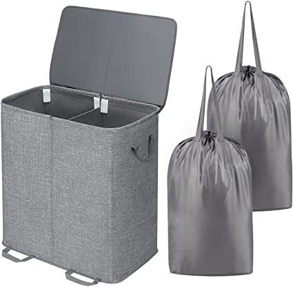 Lifewit Double Laundry Hamper with Lid and Removable Laundry Bags, Large Collapsible 2 Dividers Dirty Clothes Basket with Handles, Grey