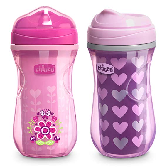 Chicco Insulated Rim Spout Trainer Spill Free Baby Sippy Cup, 12 Months , Pink/Purple, 9 Ounce (Pack of 2)