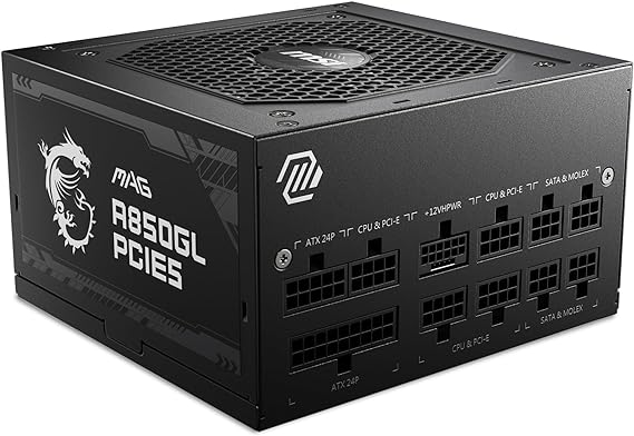 MSI MAG A850GL PCIE5 Power Supply Unit, 850W, 80 Plus Gold, Fully Modular, ATX 3.0, PCIe 5.0 GPU Support, Black Flat Cables, 7 Year Warranty