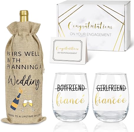 Engagement Gifts for Couples, Wine Coffee Glass Engaged Gift Set with Wine Bag for Women his and her him Fiance Fiancee Friend Girlfriend Boyfriend Newlywed, Bride and Groom to be, Bridal Shower Gift