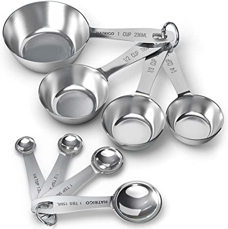 Heavy Duty Stainless Steel Measuring Cups and Spoons Set of 8, One Solid Piece Construction (No Welded Handles), Will Never Break, Built to Last a Lifetime