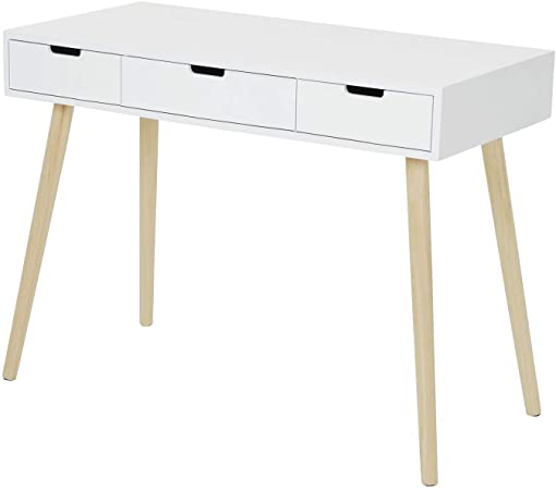 Tiptiper Writing Desk with 3 Drawers, Modern Home Office Desk with Large Storage Space, Study Desk with Oak Legs for Small Space, White