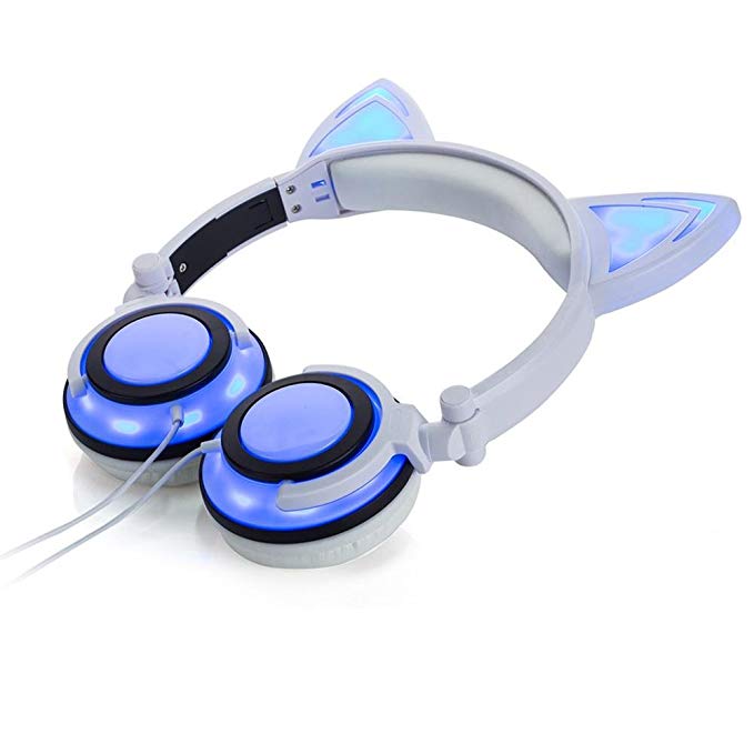 ZIYUO Cat Ear LED Music Lights Foldable Headphone Earphone with USB Charger for Laptop (White)