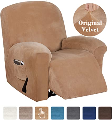 Velvet Stretch Recliner Cahir Covers Recliner Covers for Electric/Manual Style | Furniture Covers for Reclining Chairs with Side Pocket, Soft Thick Form Fitted Standard/Oversized - Sand