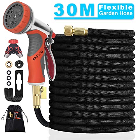 SPGOOD 100FT/30M Expandable Garden Hose Set with Splitter,3/4" Solid Brass Fittings,Double Layers Latex,9 Futions Spray Leak Proof Lightweight Expanding Garden Water Hose