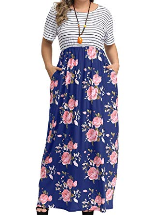 Allegrace Women's Plus Size Floral Print Striped Patchwork Maxi Dress Short Sleeve Long Dresses