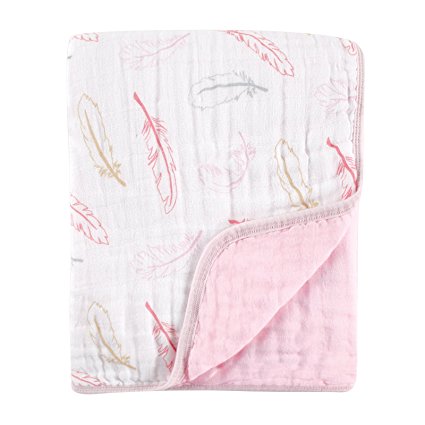 Hudson Baby Four Layer Muslin Tranquility Blanket, Pink Feather, 46 x 46 Inch
