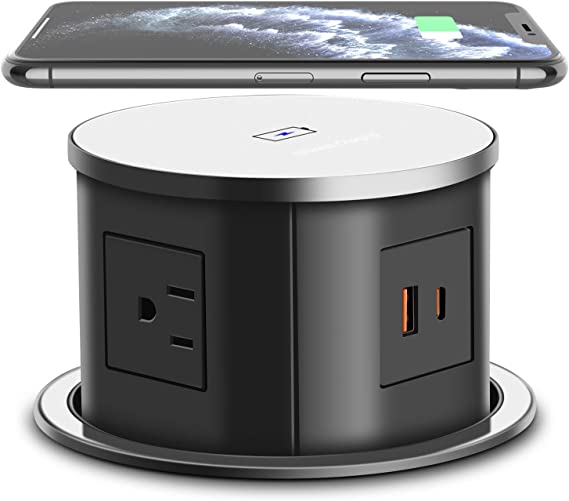 Black 4.7 inch Automatic Pop Up Outlet Socket Retractable Hidden Recessed Power Strip Socket with 15W Wireless Charger, 3 US Plug 20W Fast Charging 3.6A 2 USB-A 2 USB-C for Office Conference Kitchen