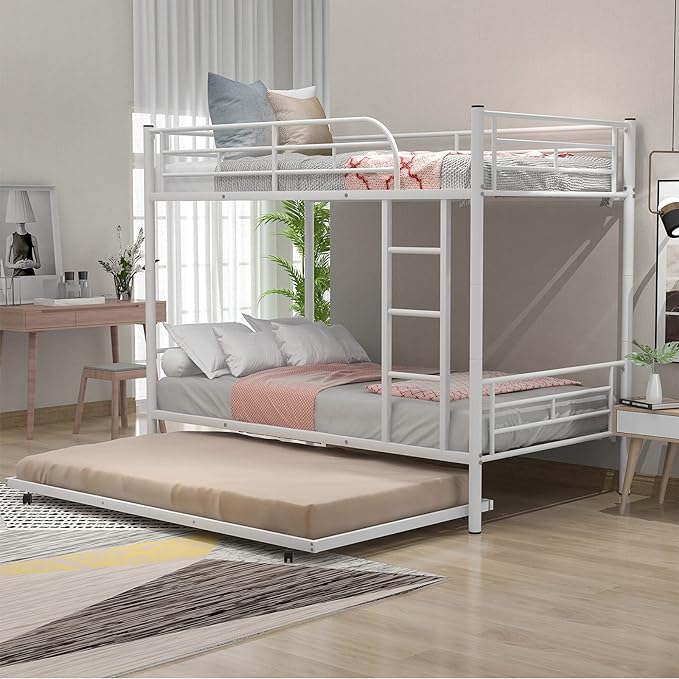 Twin Over Twin Bunk Bed Frame with Trundle,Metal Bunkbed with Sturdy Guard Rail and Ladder for Kids/Adults,Can be Divided Into Two Beds, No Box Spring Needed, Noise Free for Dorm,White