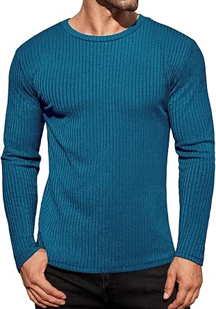 Ekouaer Men's Long Sleeve Shirts Ribbed Pullover Sweater Sim Fit Thermal Tops Crew Neck Stretchy Undershirts S-XXL