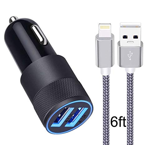 Car Charger Compatible with Phone XR/XS/MAX/X / 8/8 Plus / 7/6 / 6s /6s Plus 5S 5 5C SE,iPad,iPad Mini and More, 3.1A Dual Port USB Car Charger Adapter with 6ft Nylon Braided Charging Cable