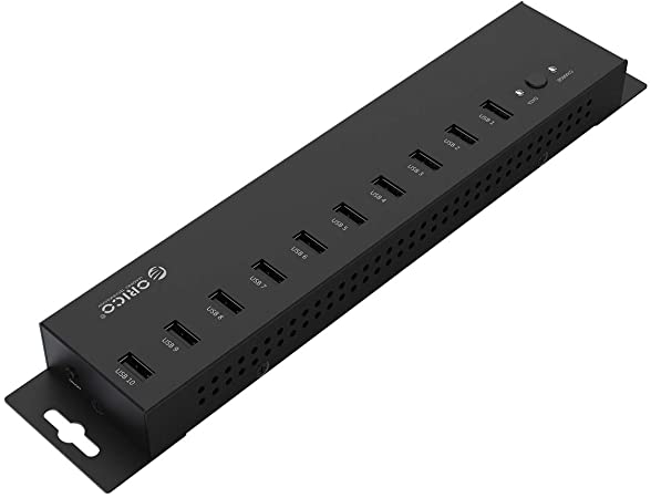 ORICO Industrial USB Hub, 10 ports attachable, industry-standard USB 2.0 hub with 150 W power, full metal housing, high-speed data transmission, 12V5A power supply can be charged